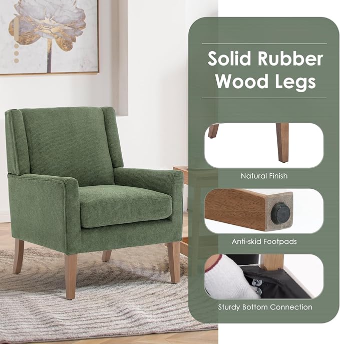 COLAMY Modern Wingback Living Room Chair Set of 2, Upholstered Fabric Accent Armchair, Single Sofa Chair with Lounge Seat and Wood Legs for Bedroom/Office/Reading Spaces, Green