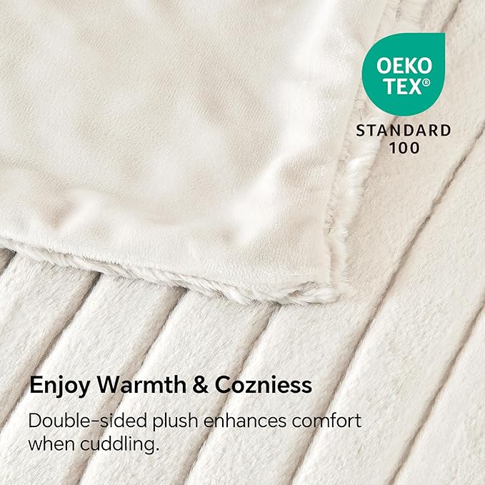 BEDELITE Faux Fur Throw Blanket for Couch, Soft and Cozy 3D Ribbed Fluffy Blanket, Thick Warm Plush Fuzzy Faux Rabbit Fur Blanket for Women Gift (Beige, 60"x 80")