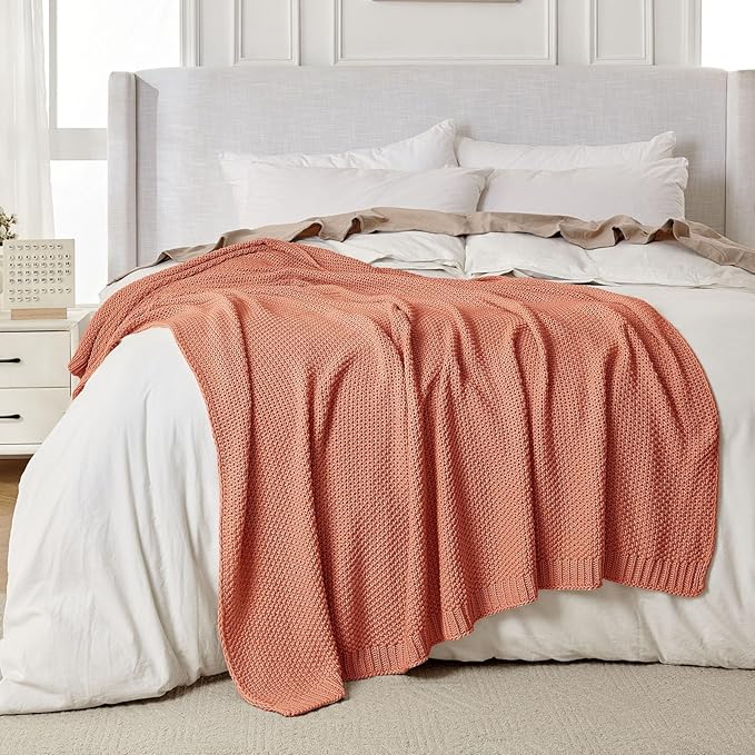 Joydeco Chunky Cable Knit Throw Blanket, Lightweight 100% Cotton Soft Cozy Throw Twin Blanket for Couch Bed and Sofa, Rustic Breathable Farmhouse Blanket Gift for Women Men(Burnt Orange, 60"x80")