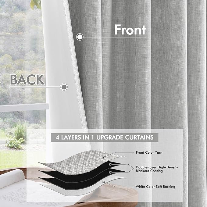 MIULEE 100% Blackout Curtains 120 Inch Long 2 Panels for Bedroom, Thick Luxury Faux Linen Black Out Curtain Room Darkening Back Tab Pleat Window Textured Drapes with Hooks for Living Room, Gery