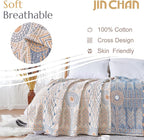 jinchan Boho 100% Cotton Muslin Queen Size 80x90 Throw Blanket Lightweight 4-Layer Orange Reversible Blanket Washable Breathable Geometric Striped Pattern Soft Comfy for Couch Bed Decor All Seasons