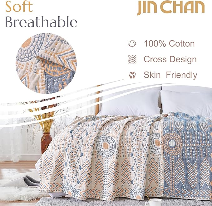 jinchan Boho 100% Cotton Muslin Queen Size 80x90 Throw Blanket Lightweight 4-Layer Orange Reversible Blanket Washable Breathable Geometric Striped Pattern Soft Comfy for Couch Bed Decor All Seasons
