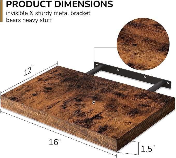 Fun Memories Floating Shelves - 2 Pack 12 Inch Deep Rustic Wooden Wall Shelves - Extra Deeper & Thicker Wall Mounted Storage Shelf for Living Room, Kitchen, Farmhouse - 16" W x 12" D x 1.5" H - Brown