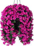 Artificial Fake Hanging Flowers Plants Baskets for Outdoor Outside Decoration, Faux Silk UV Resistant Realistic Fuchsia Morning Glory Planter for Home Porch Patio Balcony Garden Yard