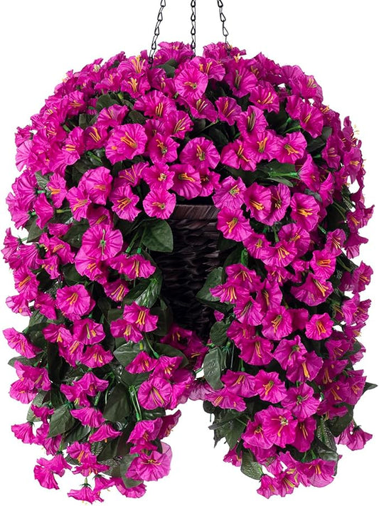 Artificial Fake Hanging Flowers Plants Baskets for Outdoor Outside Decoration, Faux Silk UV Resistant Realistic Fuchsia Morning Glory Planter for Home Porch Patio Balcony Garden Yard