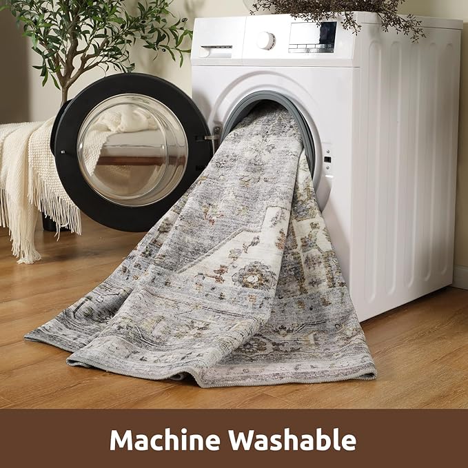 AMOAMI-Area Rug 8X10 Rugs for Living Room-Vintage Soft Grey Rugs for Bedroom-Non Slip Carpet-Washable Rug for Dining Room Living Room Bedroom Office Under Table