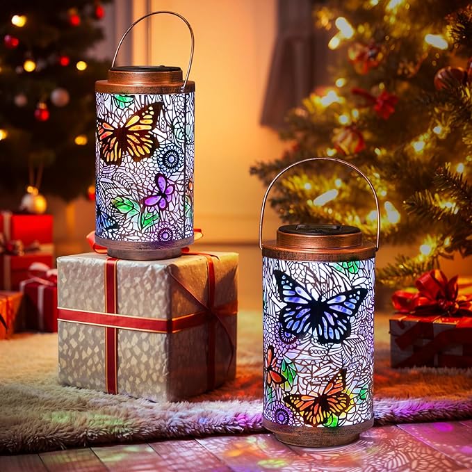 2Pack Solar Lanterns Outdoor Waterproof Colorful Butterfly Garden Gifts for Women, Multicolor Solar Outside Lights Patio Lantern for Yard, Backyard, Porch, Mothers Day Gifts for Mom Grandma Wife
