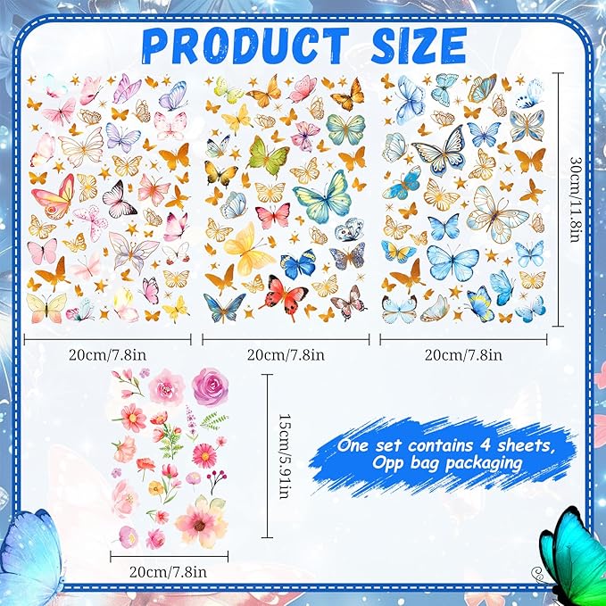 Glow in The Dark Butterfly Flower Wall Decals Glowing Luminous Butterflies Removable Self-Adhesive Wall Stickers for Girls Bedroom Nursery Living Room Decor 4 Sheets (Butterfly 3)
