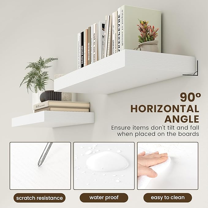 Deep Floating Shelves for Wall | 30 Inch Wide x 12 Inch White Floating Shelves | 30W x 12D Rustic Wood Wide Shelves | Deep Large Shelves for Wall | Bookshelf Laundry Shelf TV Shelf