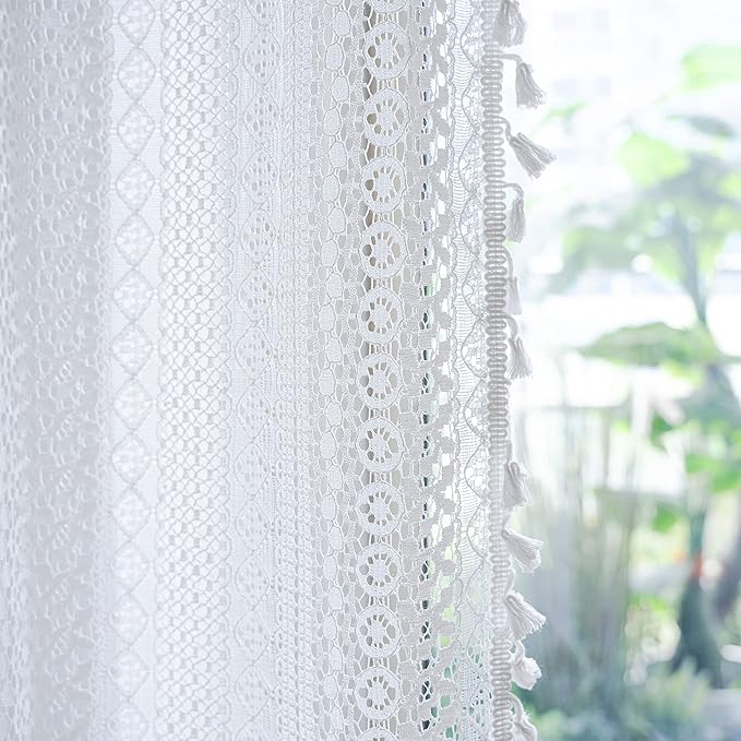 Sutuo Home Boho Sheer Curtain Valance Crochet Lace with Bohemian Hollow Knitted Handmade Tassels, Short Farmhouse Window Treatment for Kitchen Cafe, Rod Pocket, 1 Panel 59" W x 18" L, White
