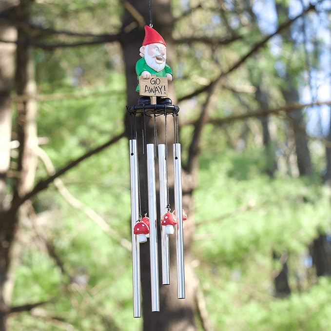 Funny Gnome Wind Chime for Garden or Porch – Peeved Garden Gnome Holding 'Go Away' Sign – Outdoor Yard Décor with Stainless Steel Tubes & Resin Mushroom Strikers – Hilarious Gift Idea