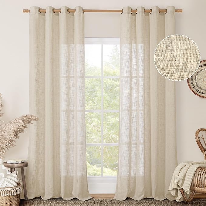 LAMIT Sheer Linen Curtains 90 inch for Living Room, Bronze Grommet Soft Thick Light Filtering Boho Window Textured Semi Sheer Drapes for Bedroom Farmhouse, 2 Panels Set, 52 x 90 Inch, Linen