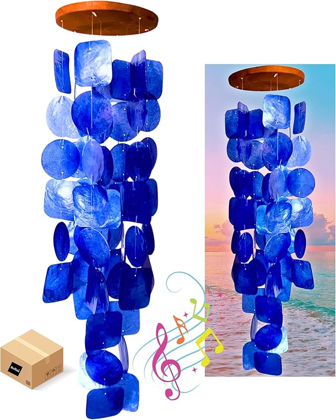 Bellaa 27918 Wind Chimes Outdoor, Garden Decorations, Musical, Indoor/Outside Windchimes, Beach, Ocean Breeze, Gifts for Mom, Gift for All Occasions, Capiz Sea Glass Shells Wood Blue 27 inch