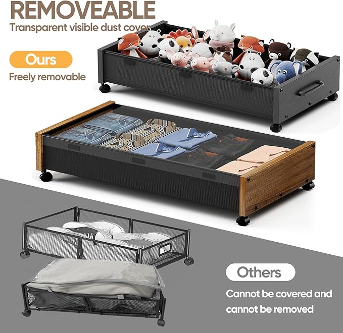 Wooden Under Bed Storage with Wheels, 80L Extra-large Rolling Under the Bed Storage Bins 2 Pack with Removable Lid, Upgrade Metal Under Bed Drawers for Clothes Shoes Blankets in Bedroom