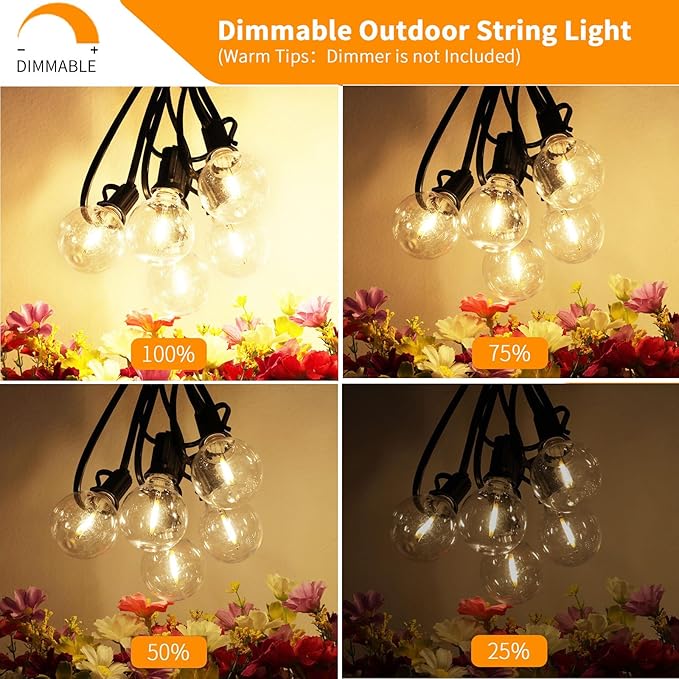 Svater Outdoor String Lights LED 25 FT, Patio Globe Lights with 13 Plastic G40 Bulbs, Waterproof Dimmable Outside Hanging Light for Backyard Bistro Cafe Porch Party Decor, 2700K Warm White