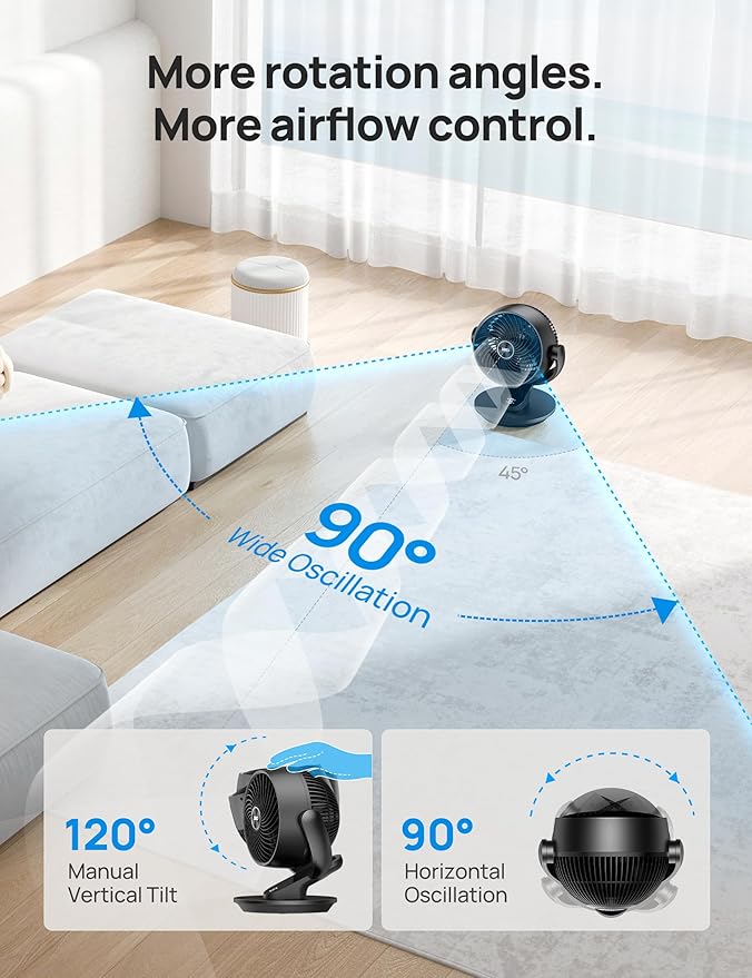 Dreo Fan for Bedroom, 13-Inch Oscillating Table Air Circulator Fan for Whole Room, 120° Tilt Adjustment, 28dB Ultra-Quiet, 70ft Powerful Airflow, 4 Speeds Desk Fans with Remote for Home, Office
