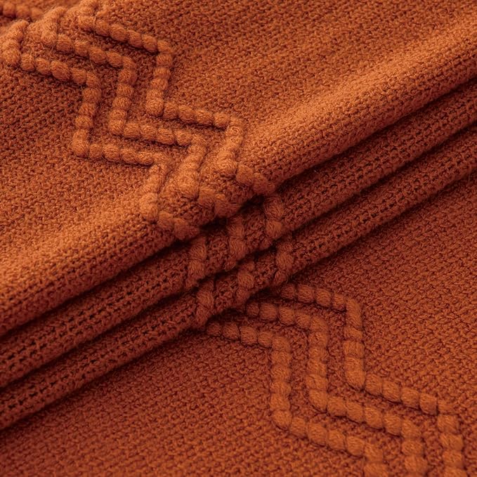 MIULEE Fall Rust Knitted Throw Blanket for Couch Boho Terracotta Textured Cozy Woven Blanket with Tassels for Sofa Chair Bed Living Room Acrylic Wave Pattern 60"x80"