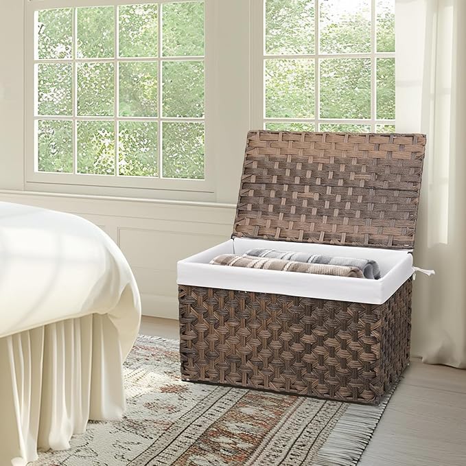 Wicker Storage Basket with Lid, 42.3 Gallon (160L) Large Blanket Basket with Lid, Woven Storage Bin with Handles, Removable Liner, Metal Frame, Foldable, for Bedroom, Laundry Room, Brown