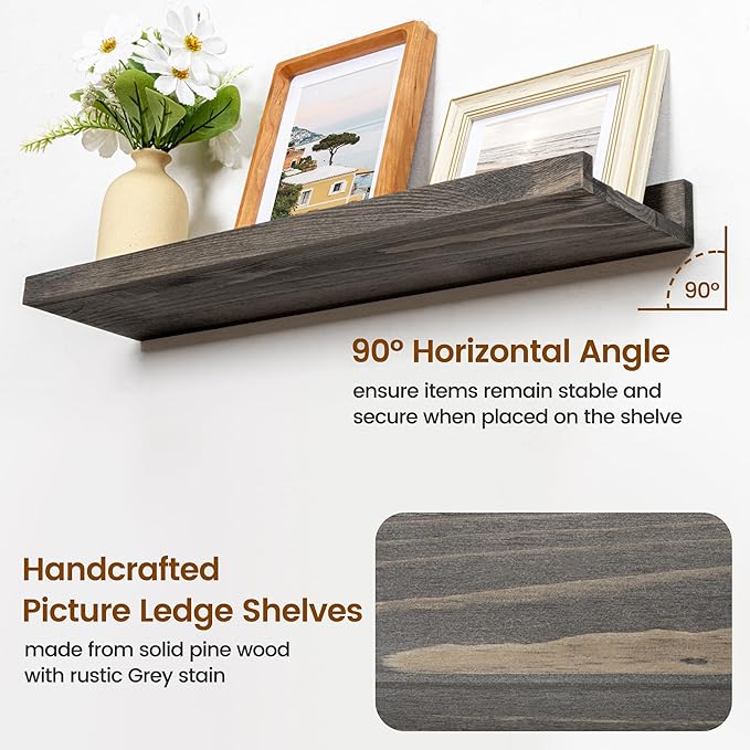 Picture Ledge Wall Shelves - 24 Inch Width Set of 3, Solid Pine Wood Rustic Floating Ledge Shelves for Kids' Room, Bedroom, Kitchen, Bathroom, Living Room, Nursery Display Wall Decor, Grey