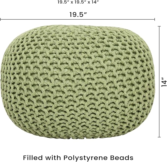 REDEARTH Round Pouf Foot Stool Ottoman - Cotton Knitted Cord Boho Pouffe - Cable Poof Filled Footrest Stuffed for Living Room - Nursery - Bedroom - Patio - Lounge (19.5"x19.5"x14") - Kiwi