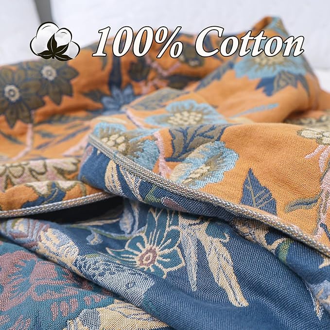 Snycler Boho Throw Blanket for Bed - 100% Cotton Ultra Soft Rustic Quilt Blanket Orange Bird Floral Printed Farmhouse Decor Bed Blankets, 60"×80" All Season Rustic Throw for Sofa Couch Chair