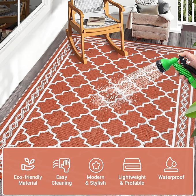 GAOMON Reversible Outdoor Rug 9'x18' Waterproof Plastic Straw Rug, Patio Rug, Large Modern Area Rug Carpet, Indoor Outdoor Rugs for Camping, Porch, Deck, Balcony, Backyard, Orange/White(Geometric)