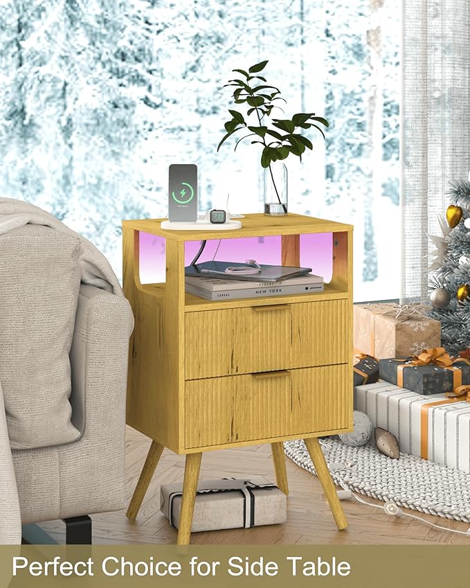 Nightstand with Charging Station and LED Lights,Modern Bedside Table with 2 Storage Drawer and Open Wood Shelf, for Bedroom and Small Spaces,Night Stand with Solid Wood Legs (Yellow Oak)
