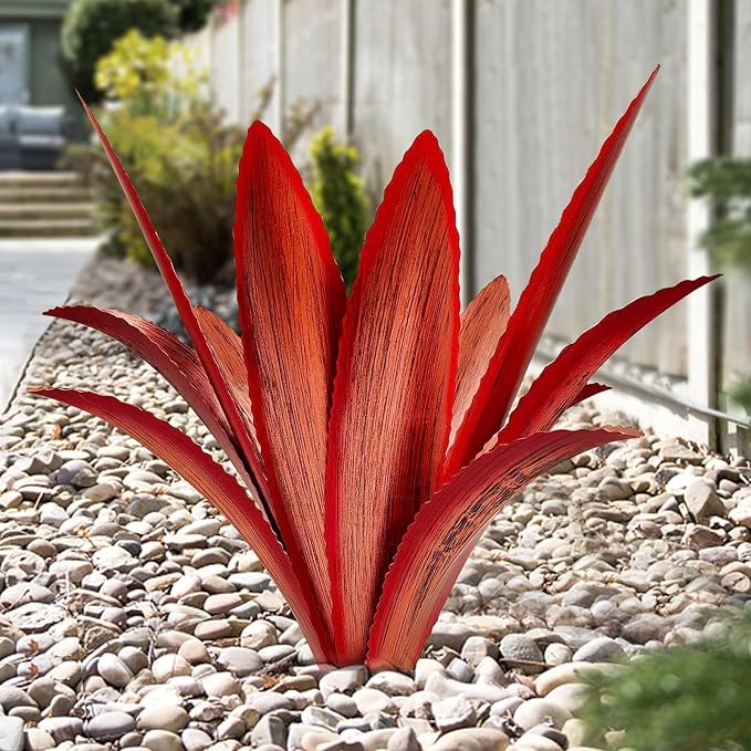 TOMBABY Enlarge Thickened Wind Resistant Metal Agave Garden Art Metal Plant Country Garden Sculpture Statue Outdoor Decoration Agave Metal Plant Courtyard Garden Lawn Ornament Gift (2, 12 Leaves red)