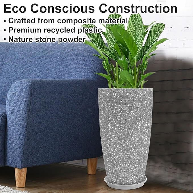 Tall Flower Pot Indoor - Outdoor Plant Pot - Gray Rough Planter - Elegant Stone Imitation - 12" Diameter 21" Tall with Drainage Holes and Saucer