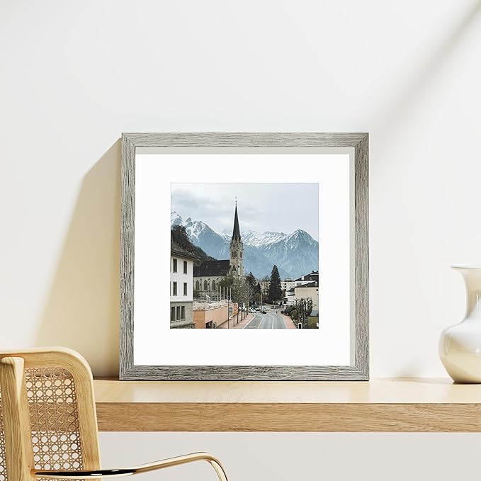 Vittanly 12x12 Picture Frames Set of 9, Shatter Resistant Plexiglass, Display 8x8 Pictures with Mat or 12x12 without Mat, Photo Frames for Wall Mount, Engineered Wood, Grey