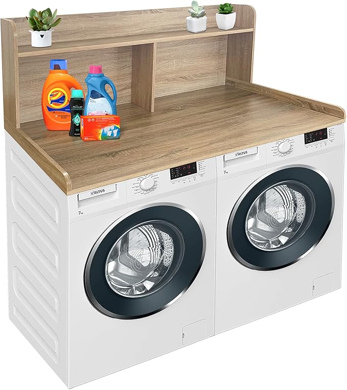 Royxen 2-Tier Washer Dryer Countertop,19.5"H Wood Washer and Dryer Topper with Shelf,Laundry Countertop Over Washer and Dryer, Universal Fit for Laundry Room Organization (White Oak, 54"W X 27.5"D)