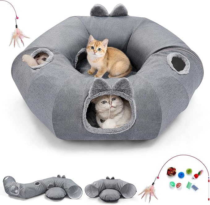 Odoland Summer Linen Cat Tunnels for Indoor Cats with Cooling Central Cat Bed, Interactive Cat Toys Detachable Soft Mat and Variety Kitty Toy Set Grey