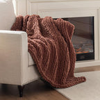 Chunky Knit Blanket Throw, 100% Hand Knit Throw Blanket Handmade Chenille Cable Knit Throw for Couch, Stylish Cozy Soft Rope Knot Crochet Blanket for Home Decor, Copper Brown, 50x60 Inches