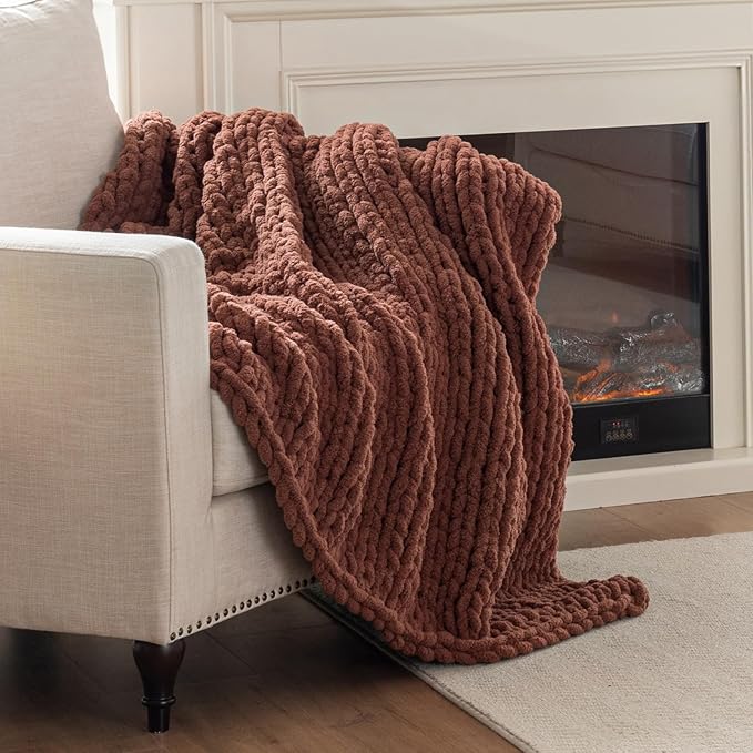 Chunky Knit Blanket Throw, 100% Hand Knit Throw Blanket Handmade Chenille Cable Knit Throw for Couch, Stylish Cozy Soft Rope Knot Crochet Blanket for Home Decor, Copper Brown, 50x60 Inches