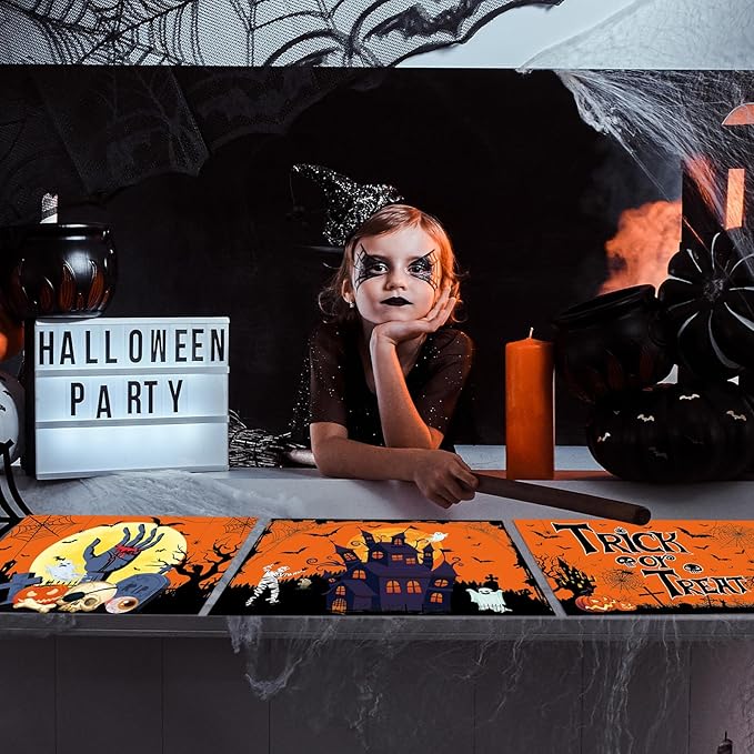 Plastic Placemats Set of 6 Halloween Table Mats - Trick or Treat Kitchen Decor - Wipe Clean, Washable, Recyclable - Orange Place Mats for Indoor/Outdoor - Heat Resistant - Kitchen/Dining Table
