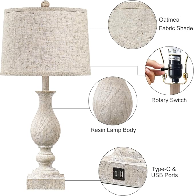 28'' Tall Farmhouse Table Lamps for Living Room, Bedroom Lamps Set of 2 with USB C+A Charging Ports, Rustic Farmhouse Nightstand Lamps for Bedside, Traditional Side Table Lamp with Fabric Shade