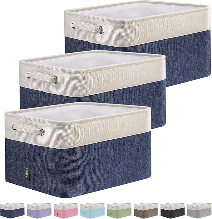 BALEINE 3 Pack Fabric Storage Bins for Shelves, Linen Storage Baskets for Organizing, Decorative Closet Bins for Clothes, Home (Navy Blue, 12"x8"x8")
