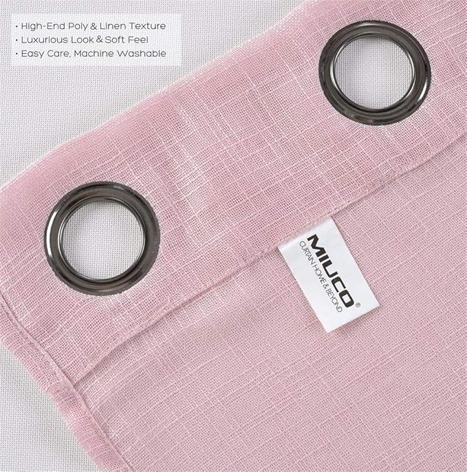 MIUCO Semi Sheer Curtains Poly Linen Textured Solid Grommet Curtains 63 Inches Long for Living Room 2 Panels (2 x 37 Wide x 63" Long) Pink