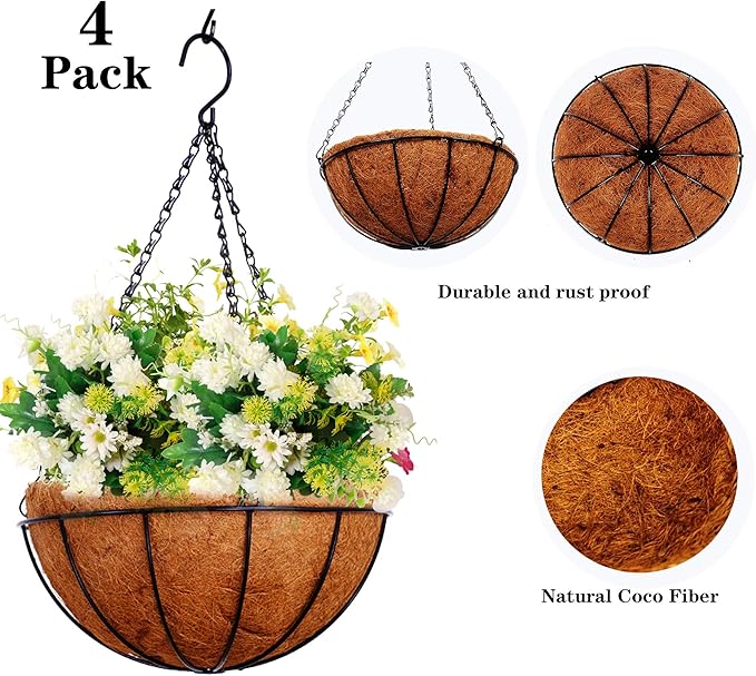 Hanging Baskets for Plants Outdoor(12 inch 4 Pack)- Coconut Coir Hanging Planters Outdoor,Metal Wire Baskets with Coco Liner, Hanging Pots for Plants Indoor, Flower Pots for Railings