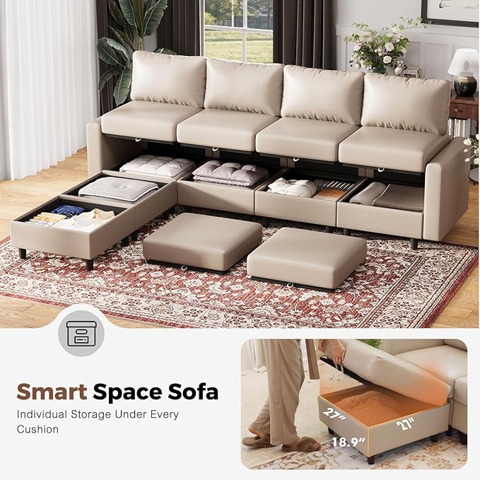 Faux Leather Single Sofa with Storage Ottoman, Modern Accent Chair Deep Seat Large Reading Armchair, Chaise Lounge Chair for Living Room Bedroom Office Whitesand