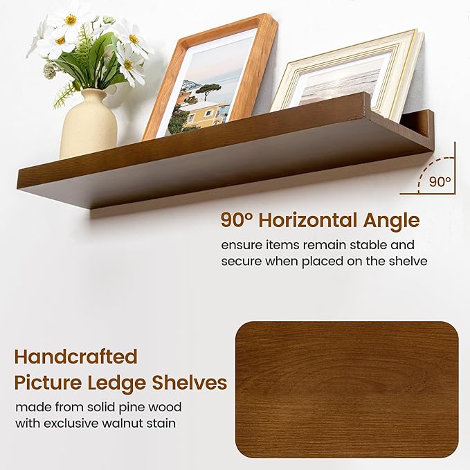 Picture Ledge Wall Shelves 48 inch Width Set of 2, Solid Pine Wood Rustic Floating Ledge Shelves for Wall for Kids' Room Bedroom Kitchen Bathroom Living Room Nursery Display Wall Decor, Walnut