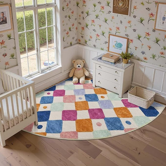 jinchan Kids Rug for Nursery 6ft Radius Corner Washable Area Rug Modern Colorful Quarter Circle Rug Soft Non-Slip Carpet for Bedroom Playroom Daycare Reading Nook Kitchen Classroom Berries on Cream
