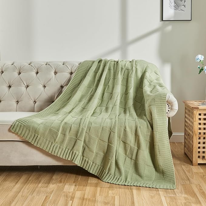 CozeCube Check Knit Throw Blanket, Sage Green Checkered Throw for Couch, Decorative Christmas Soft Cozy Warm Knitted Blanket for Bed Sofa Living Room, 50"X60"