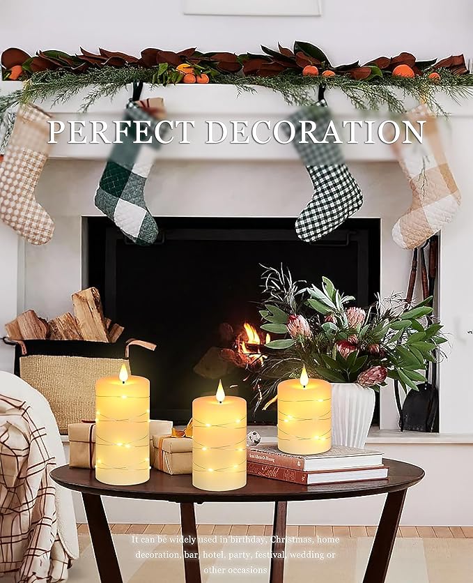 Flameless Candles With Remote, Battery Operated Candles LED Candles with string lights Flickering Candles with Timer, 4‘’ 5‘’ 6‘’ Candle For Seasonal and Festival Celebration’s Candles set of 3