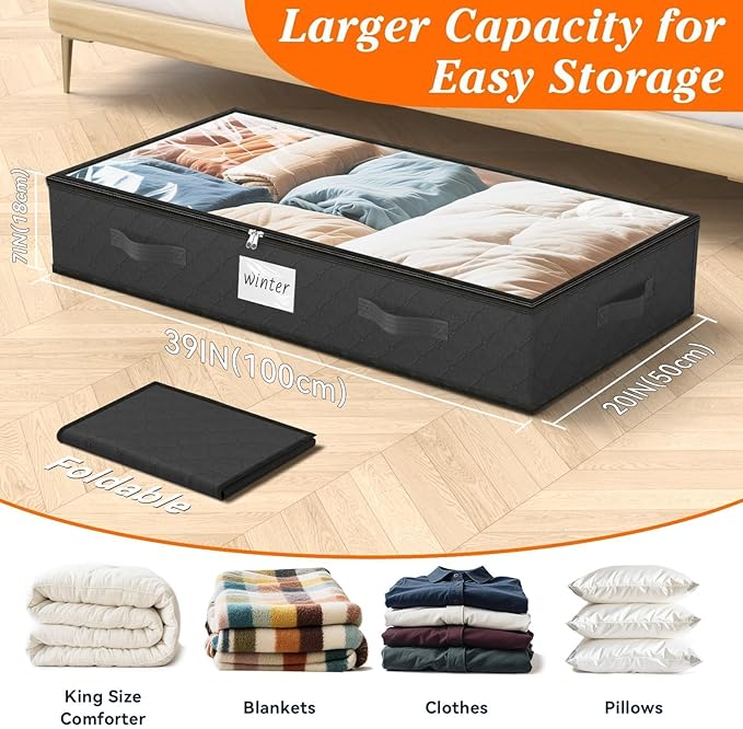 Under Bed Storage Containers 90L 2-Pack Black - 39x20x8 Inch by SpaceWhisper