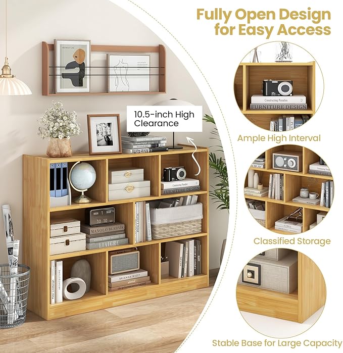 Tangkula 8-Cube Bookcase, Wood 3 Tier Open Storage Bookshelf, Modern Multipurpose Display Cabinet for Living Room, Study, Reading Nook, 48 x 12.5 x 36.5 Inch, Burlywood
