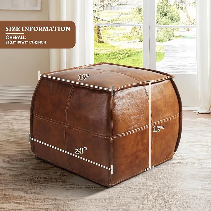 Leather Ottoman,Handmade Stuffed Square Ottoman,Genuine Leather Pouf, Foot Rest Pouf,Comfortable Soft Seating for Living Room & Bedroom (Brown, Square)