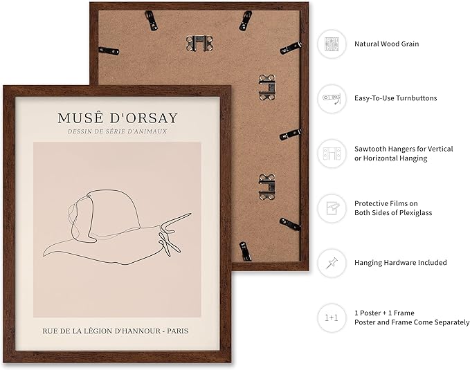 Poster Master Vintage Poster - Retro One Line Snail Drawing Print - Snail Line Art - Minimal Gift for Men, Women, Animal Lover - Abstract Wall Decor for Home, Office, 11x14 Brown Framed