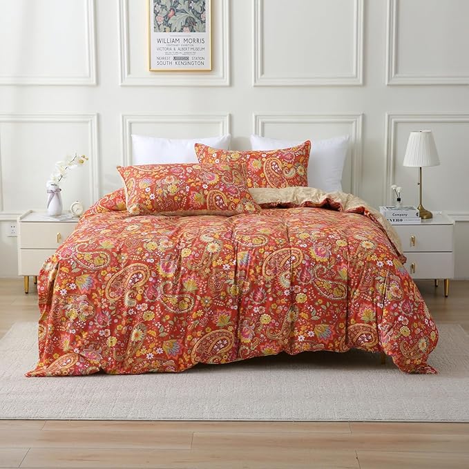 ABREEZE Paisley Bedding Sets 3Pcs Brushed Cotton Duvet Cover Set Queen Size Rustic Damask Red Floral Comforter Cover with Zipper Closure Boho Bedding Collections