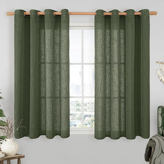 LAMIT Olive Green Light Filtering Linen Curtains, 54 inch Length Linen Textured Semi Sheer Bronze Grommet Christmas Room Drapes for Bedroom/Living Room, 2 Panels, 52 x 54 Inch